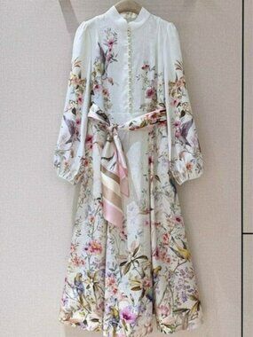 Zimmermann White Floral Midi Dress with Pink Accents